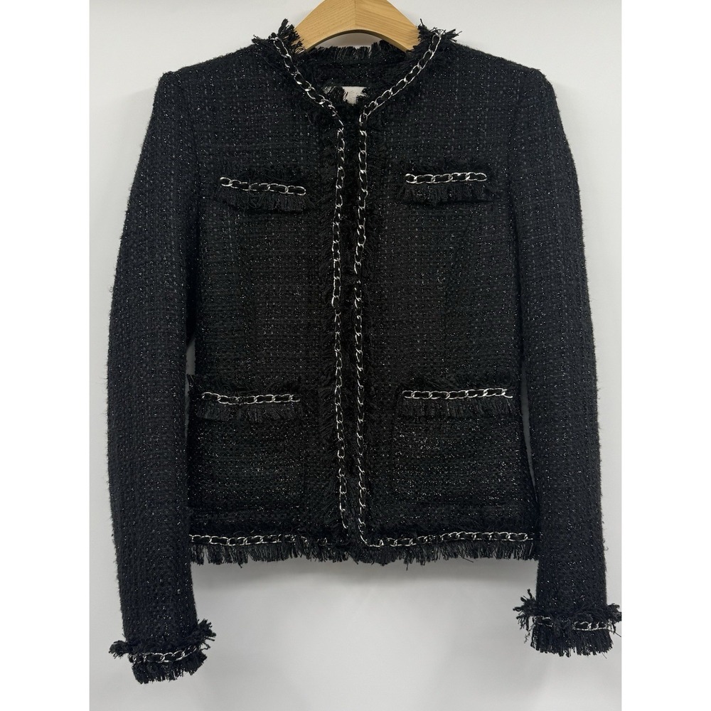 Boston Proper Parisian Shimmer Tweed Jacket SZ 10 Blazer Black Silver Chain Wool - Picture 3 of 10